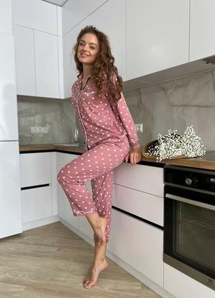 Женская пижама шелковая армани рубашка и штаны в горошек для девушек домашний костюм розовая4 фото