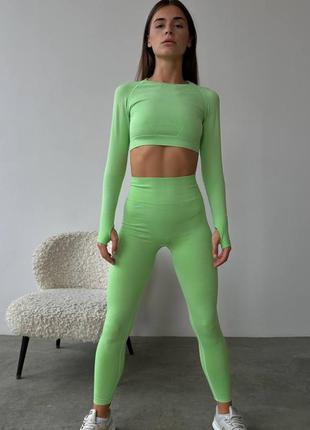Женский яркий спортивный костюм бесшовный для йоги и фитнеса, утягивающая одежда рашгард и лосины салатовый