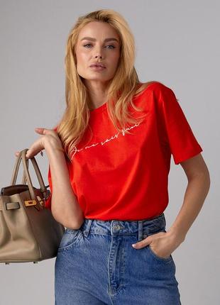Трикотажна футболка з рукописним написом — червоний колір, l (є розміри)