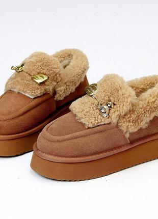 22943 автоледі замшеві, лофери на натуральному хутрі, мокасини зимові