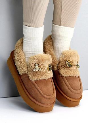 22943 автоледі замшеві, лофери на натуральному хутрі, мокасини зимові