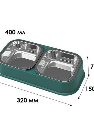 Подвійна миска для собак котів dt712 small пластик + неіржавка сталь green3 фото