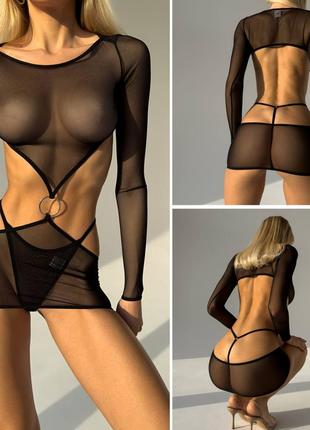 Женское нижнее сексуальное белье эротическое мини платье из сетки прозрачное черное