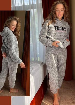 Жіноча плюшева піжама тепла костюм для дому штани на гумці тедді туреччина сіра