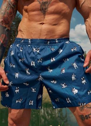 Короткі чоловічі шорти пляжні для купання і плавання з принтом швидковисихаючі до колін песики сині