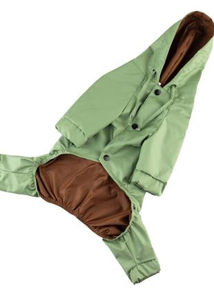 Водостойкая одежда для собак дождевик на кнопках с капюшоном на подкладке с водоотталкивающей пропиткой оливко4 фото