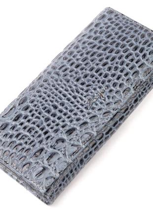 Функциональный горизонтальный кошелек из натуральной кожи с тиснением под крокодила karya 21169 серый