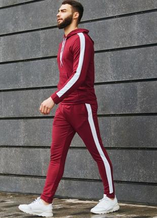 Спортивний костюм чоловічий весна-осінь худи та штани бордовий-білий3 фото