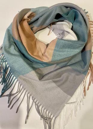 Платок кашемир клетка серо-бирюзовый