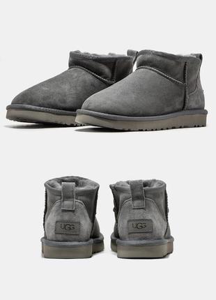 Зимові жіночі сірі ugg classic ultra mini уггі угі угг утеплені хутром / угг натуральні овчина / угги утепленные мех з мехом натуральные серые