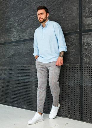Чоловічі натуральні льняні сорочки з коміром, стильна льон сорочка поло блакитна туреччина3 фото