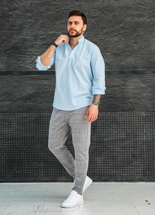 Чоловічі натуральні льняні сорочки з коміром, стильна льон сорочка поло блакитна туреччина5 фото