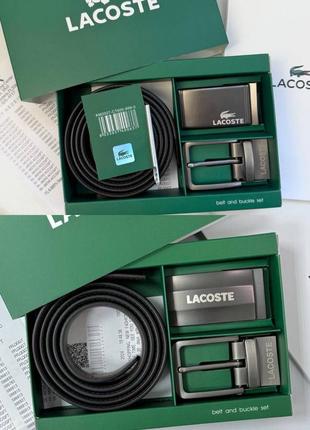 Мужской ремень lacoste черный / коричневый с 2 пряжками подарочный набор