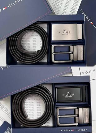 Мужской ремень mommy hilfiger черный / коричневый с 2 пряжками подарочный набор