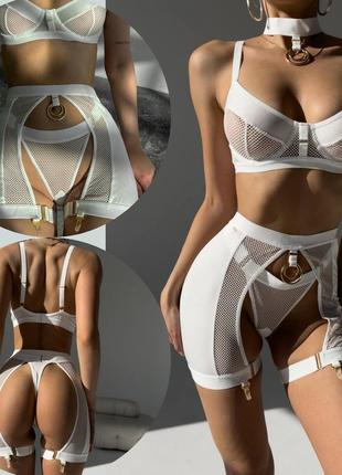 Женское эротическое белье с юбкой комплект сексуального белья в сеточку с гартерами и чокером белый