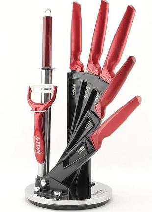 Набор ножей а-плюс 8 предметов с вращающейся подставкой красный