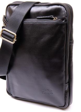 Черная мужская сумка планшет с накладным карманом на молнии в гладкой коже shvigel 11281
