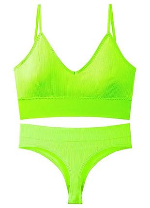 Безшовний комплект жіночої білизни в рубчик труси та топ 1608# яскравий лайм (l 80 abc) 5 шт.