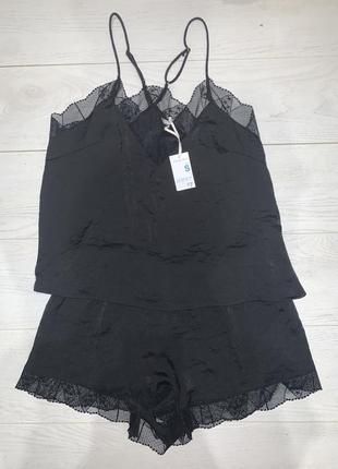 Женская пижама атласная черная майка и футболка новая primark s-m