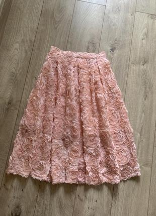 Неймовірна пудрова спідниця в обʼємні квіти , юбка міді zara mango massimo dutti reserved