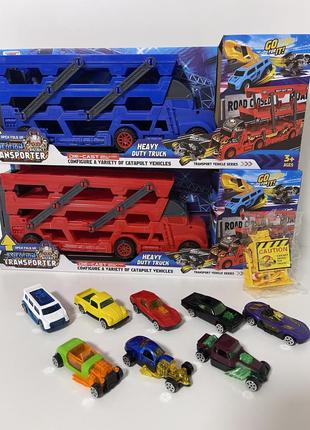 Трейлер типа hot wheels, 3 этажа, машинки 8 шт, гараж-автотрек, дорожные знаки, 2 вида