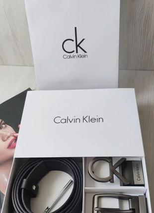 Мужской кожаный набор calvin klein black, ремень+две пряжки