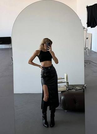 Кожаная юбка-миди с разрезом юбка на замше черная из экокожи из кожужзама трендовая стильная