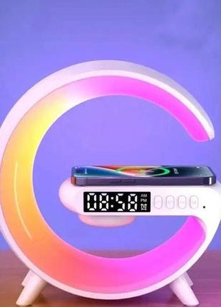 Умный ночник светильник g63 мини с bluetooth колонкой беспроводной зарядкой 10w часами...