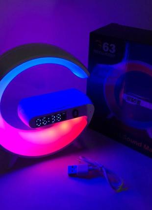 Умный ночник светильник g63 мини с bluetooth колонкой беспроводной зарядкой 10w часами...