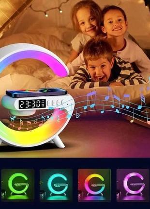 Умный ночник светильник g63 мини с bluetooth колонкой беспроводной зарядкой 10w часами...