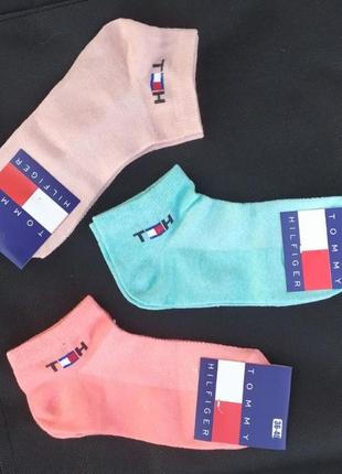 Набор носков tommy hilfiger (3 шт) короткие сетка хлопок размер 36-40 микс (розовые, бирюзовые, бежевые)