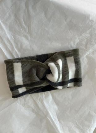 Повязка на голову осенняя теплая чалма из флиса вклетку хаки