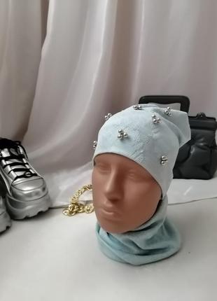 Трикотажний набір шапка та снуд із заклепками та люрексом8 фото
