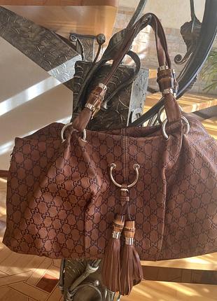 Большая сумка gucci женская коричневая кожаная бамбук
