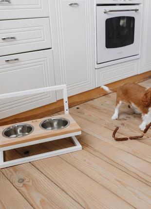 Підставка з мисками для собак регульована, металеві миски для собак на дерев'яній підставці nl/white