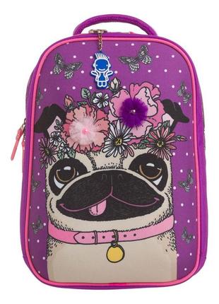 Рюкзак шкільний ортопедичний для 1 класу, рюкзак для дівчаток 1-3 класів 17 л фіолетовий мопс