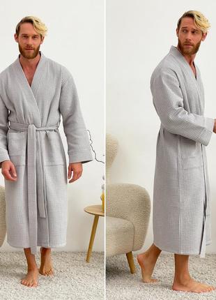 Мужской халат кимоно вафельный 100% хлопок турция серый