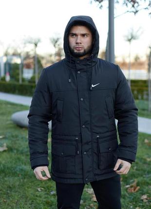 Парка зимова чоловіча куртка подовжена водовідштовхувальна тепла з капюшоном чорна4 фото