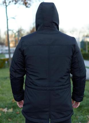 Парка зимова чоловіча куртка подовжена водовідштовхувальна тепла з капюшоном чорна5 фото