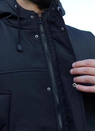 Парка зимова чоловіча куртка подовжена водовідштовхувальна тепла з капюшоном чорна7 фото