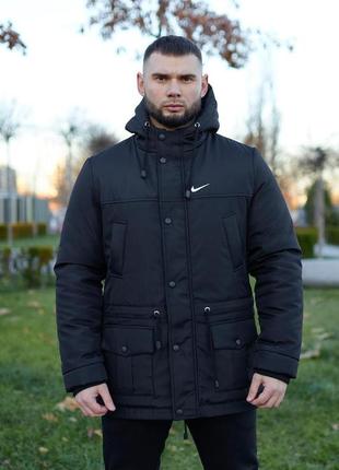 Парка зимова чоловіча куртка подовжена водовідштовхувальна тепла з капюшоном чорна2 фото