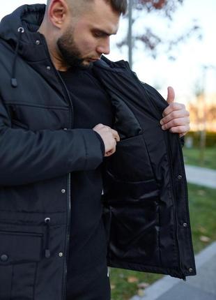 Парка зимова чоловіча куртка подовжена водовідштовхувальна тепла з капюшоном чорна6 фото