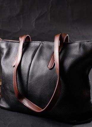 Вместительная сумка для женщин из натуральной кожи vintage 22281 черная6 фото