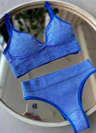 Женский комплект нижнего белья бесшовное белье топ и трусики комплект белья для спорта синий