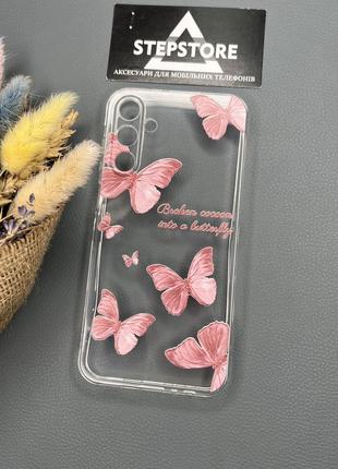 Чехол для samsung a15 / m15 прозрачный с принтом бабочки закрытой камерой силиконовый противоударный
