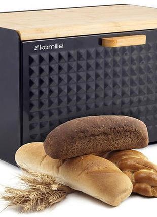 Хлібниця kamille breadbasket wooden openwork 36х22х20см бамбукова зі сталевою кришкою (чорна)