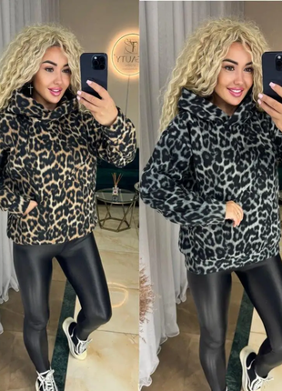 Худи женский флисовый в трендовом принте лео s-m; l- xl razg3591-sv570iве