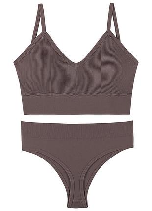 Бесшовный комплект женского белья в рубчик lesko 1608# коричневый m 70/75 abc трусы и топ