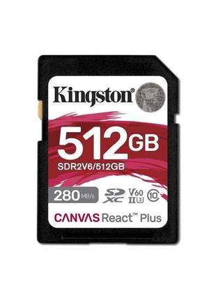 Sdxc (uhs-ii u3) kingston canvas react plus 512gb class 10 v60 (r280mb/s, w150mb/s)