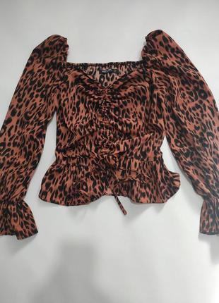 Блуза довгий рукав в леопардовий принт блузка кофта сорочка анімалістичний принт з затяжкою квадратним вирізом декольте2 фото